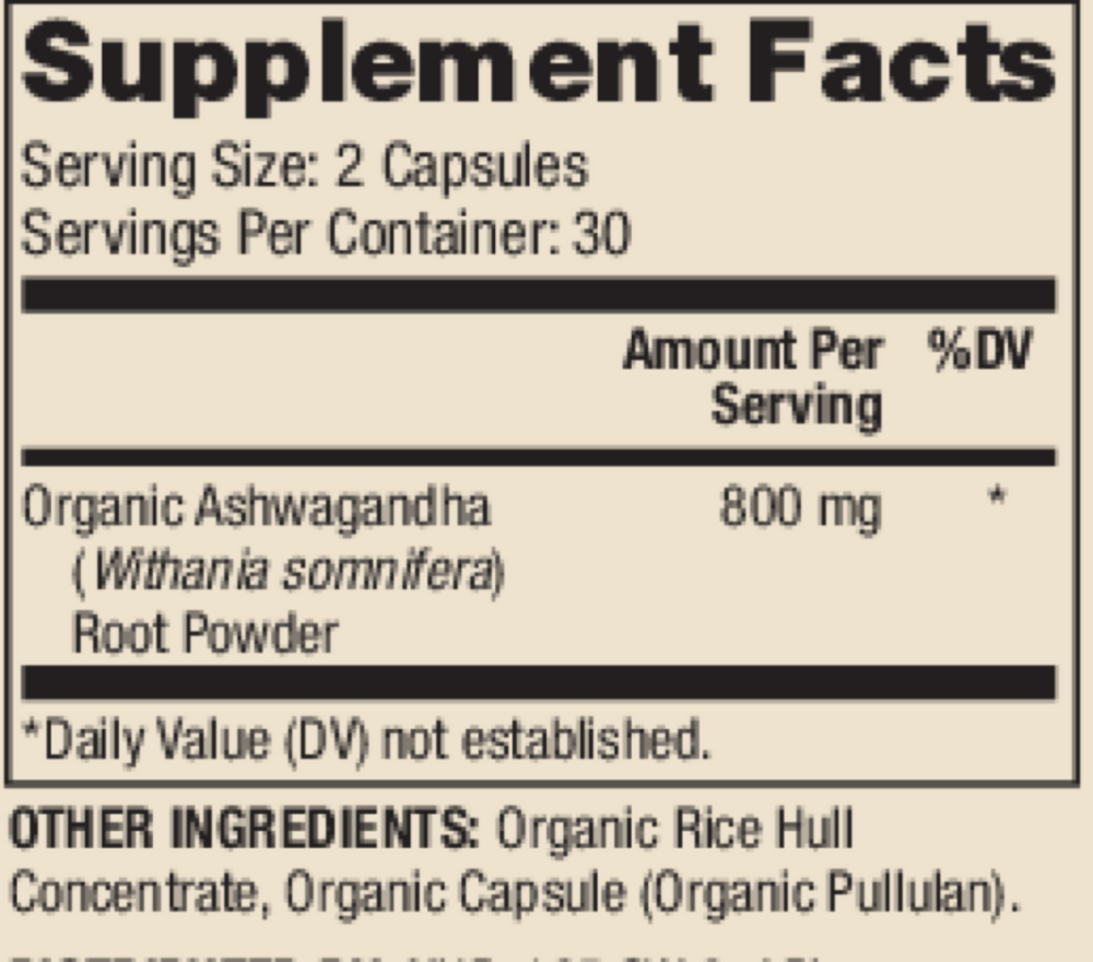Organic Ashwaganda Supplement Facts Label