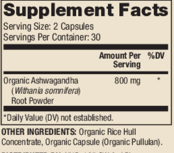 Organic Ashwaganda Supplement Facts Label
