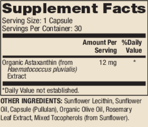 Astaxanthin 12 mg Supplement Facts Label