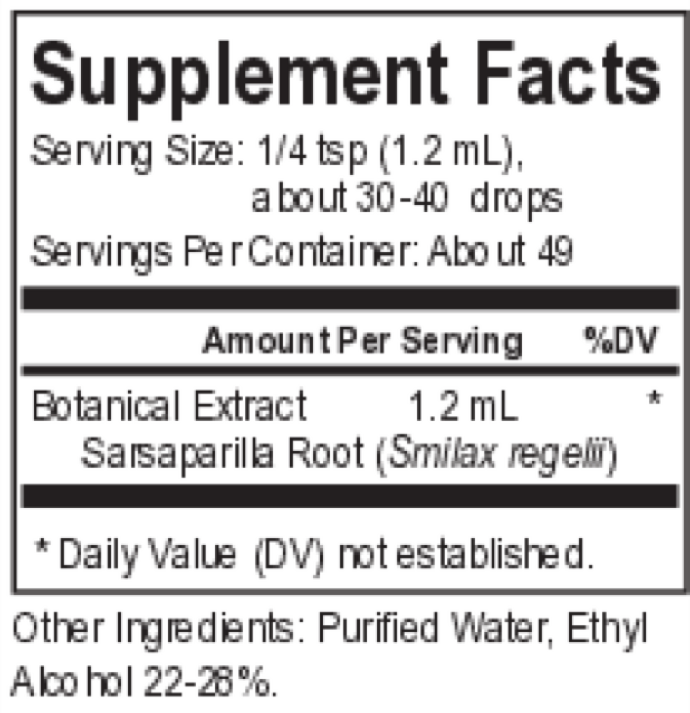 Core Sarsaparilla Supplement Facts Label