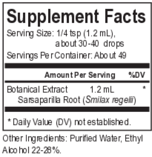 Core Sarsaparilla Supplement Facts Label
