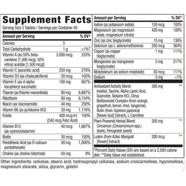 Completia® Diabetic Multi-Vitamin (Iron Free) Supplement Facts Label