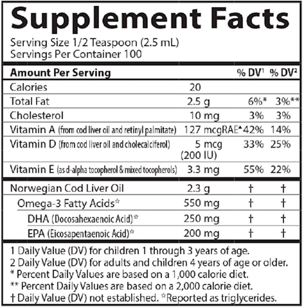 Carlson Kids Cod Liver Oil Lemon Supplement Facts Label