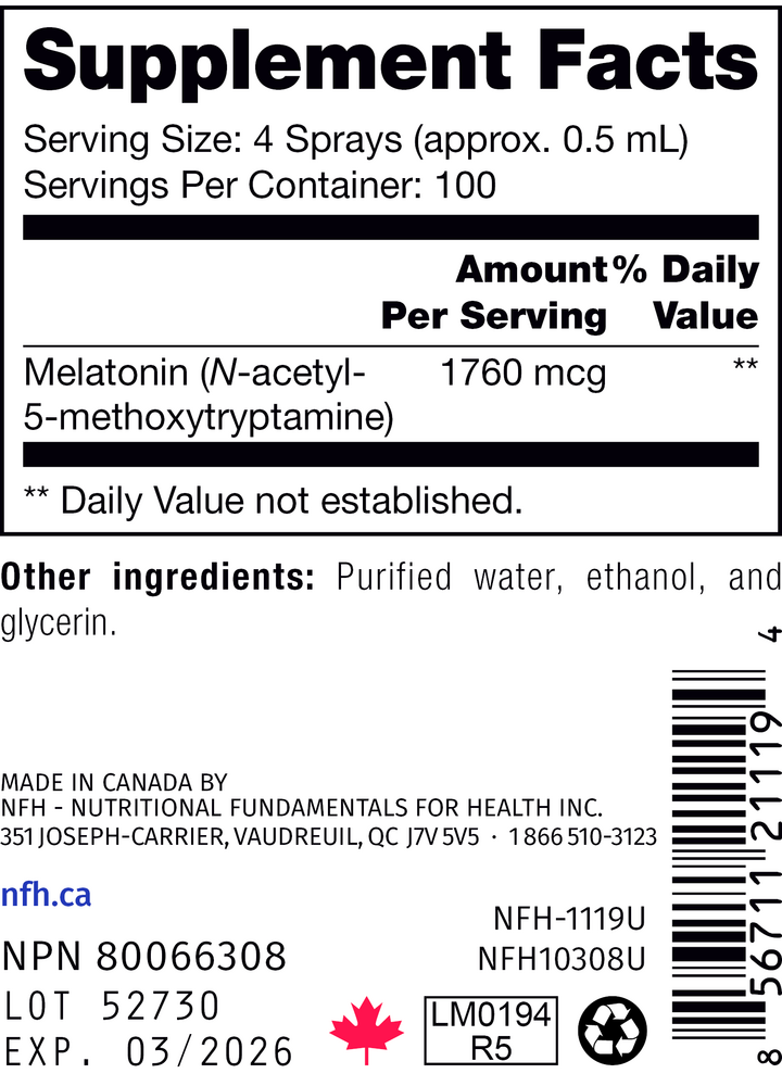 Liquid Melatonin SAP Supplement Facts Label