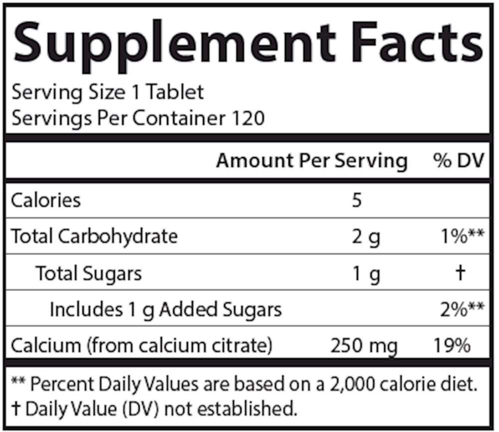 Chewable Calcium Citrate 250 mg Supplement Facts Label