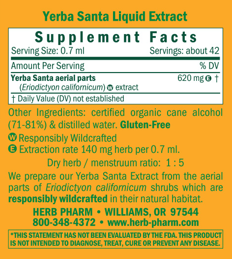 Yerba Santa/Eriodictyon Californicum Supplement Facts Label
