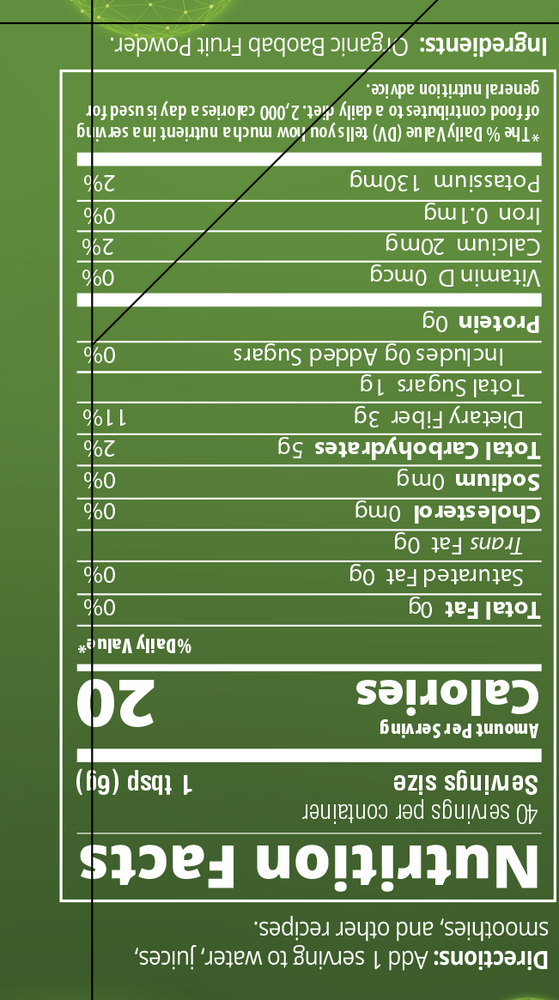 Raw Organic Baobab Fruit Powder Supplement Facts Label