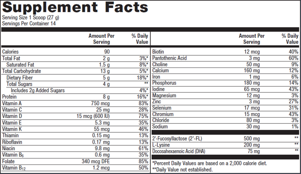 MetaKids Nutrition Powder Vanilla Supplement Facts Label