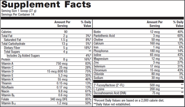 MetaKids Nutrition Powder Vanilla Supplement Facts Label