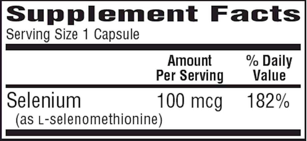 Se-100 (Non-Yeast) Supplement Facts Label