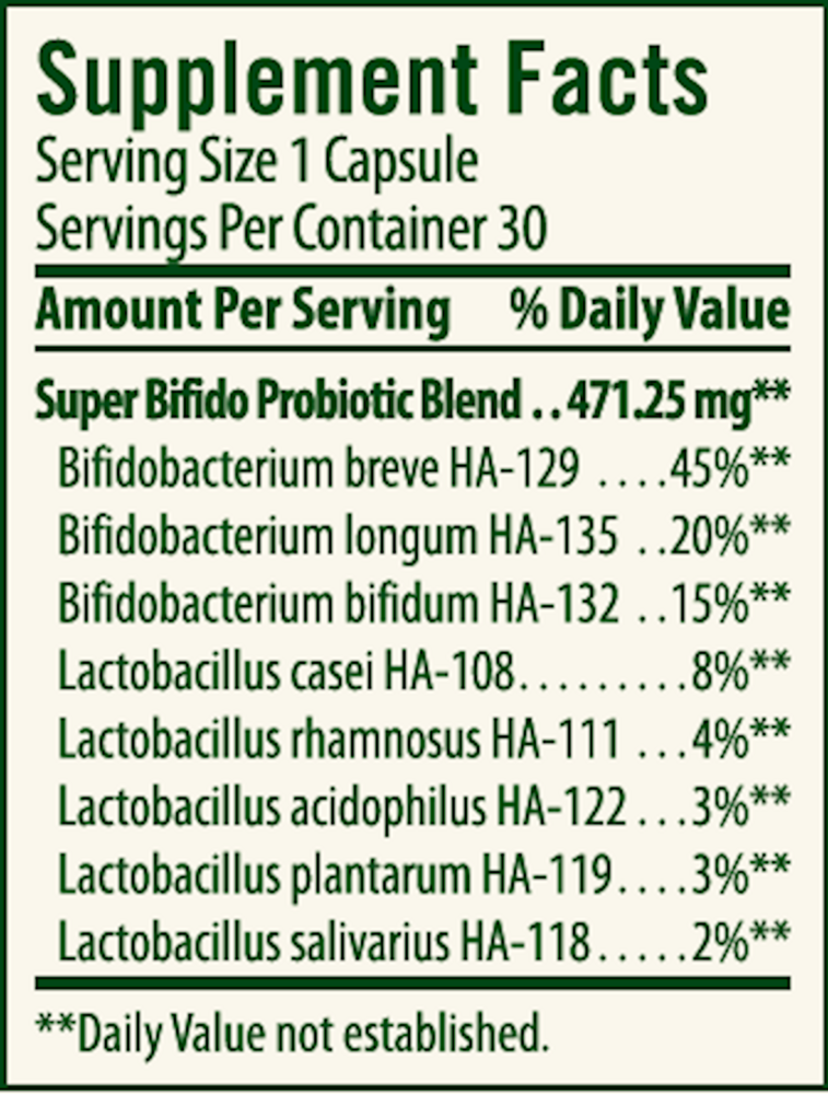 Super Bifido Plus Probiotic Supplement Facts Label