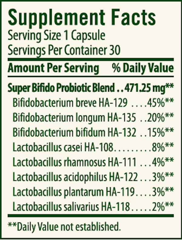 Super Bifido Plus Probiotic Supplement Facts Label