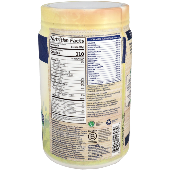 RAW Organic Protein - Vanilla Supplement Facts Label