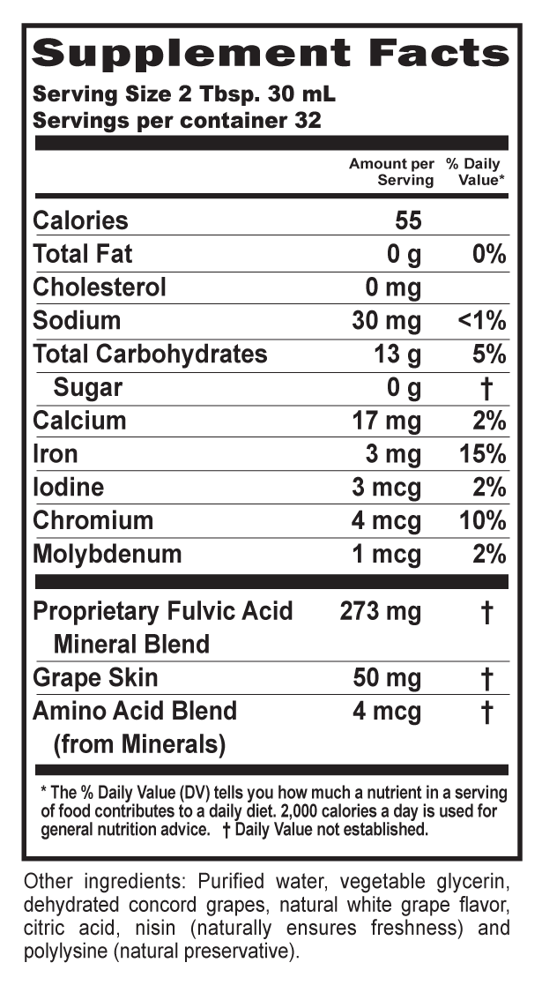 Fulvic Minerals Grape Supplement Facts Label