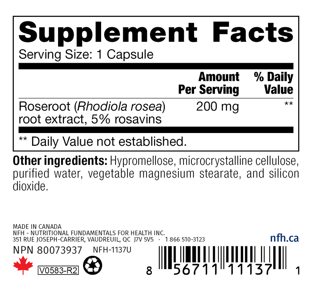 Rhodiola SAP Supplement Facts Label
