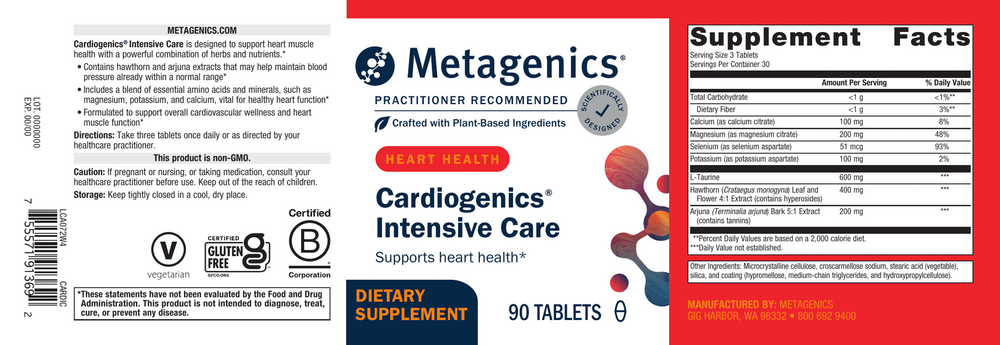 Cardiogenics Intensive Care Supplement Facts Label