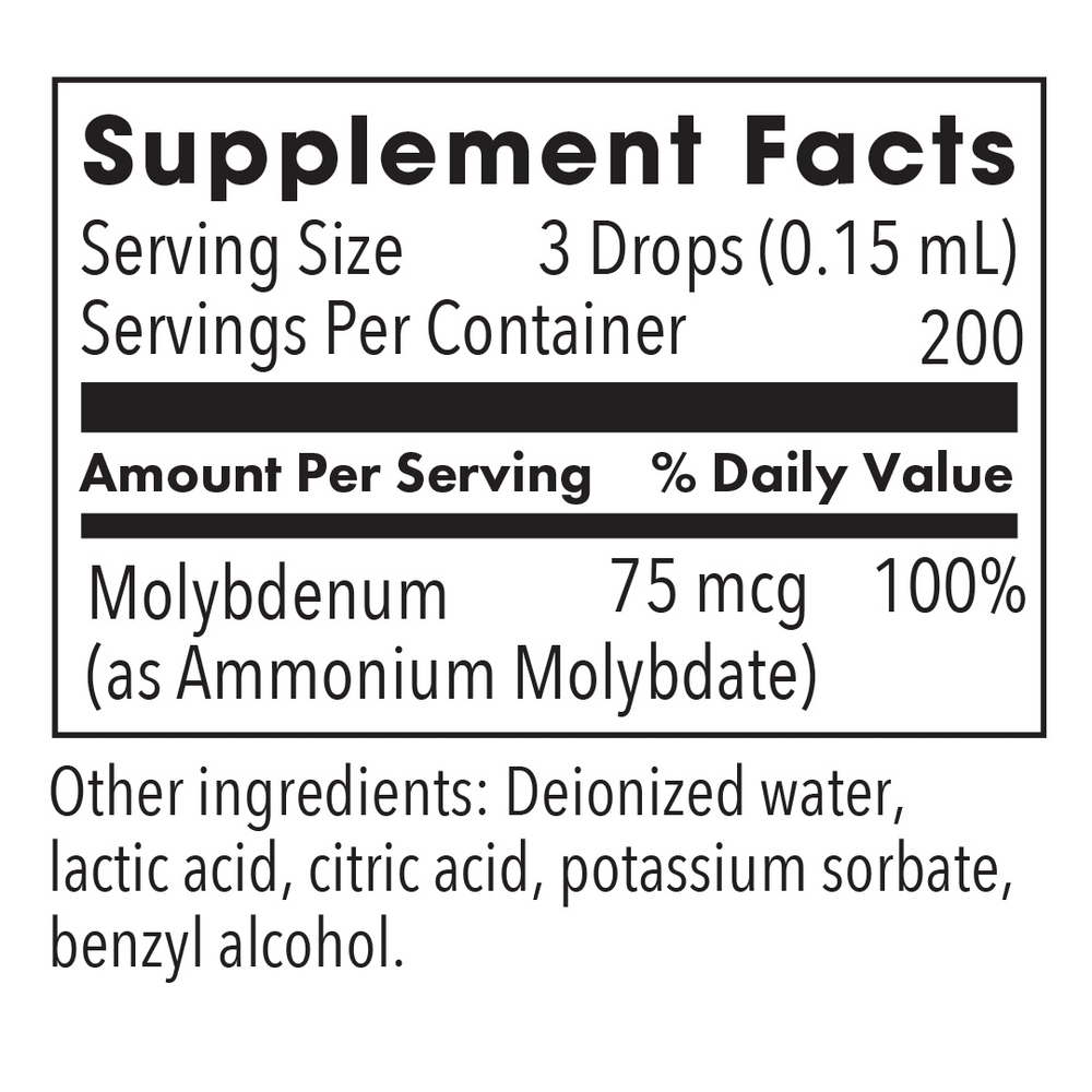 Liquid Molybdenum Supplement Facts Label