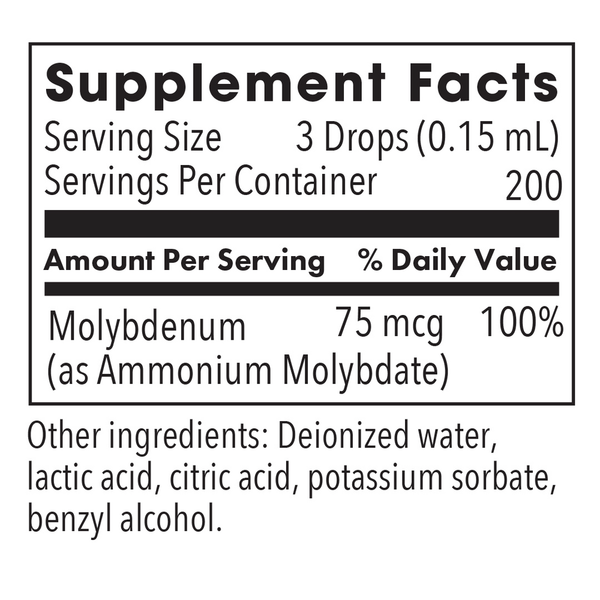 Liquid Molybdenum Supplement Facts Label