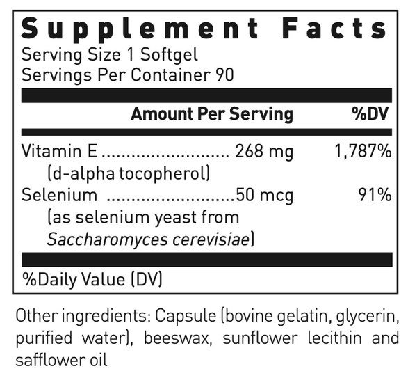 Selenium + Vitamin E 400 I.U Supplement Facts Label