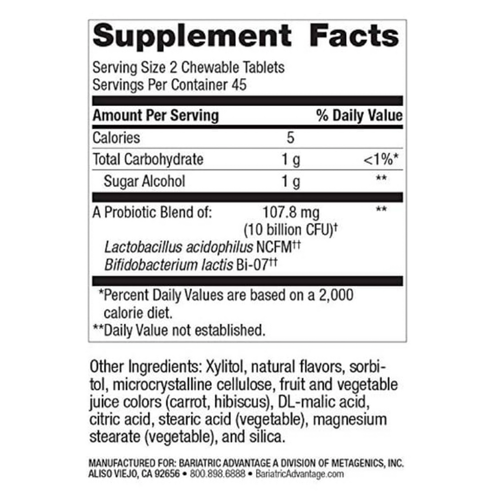 Chewable FloraVantage Probiotic Grape Supplement Facts Label