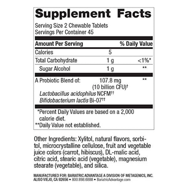 Chewable FloraVantage Probiotic Grape Supplement Facts Label