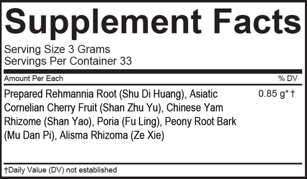 Liu Wei Di Huang Wan Supplement Facts Label