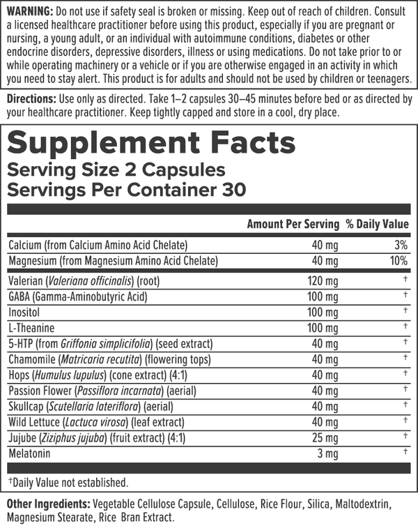 Sleep Factors Supplement Facts Label