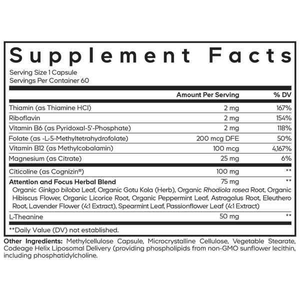 Teen Brain Focus Vitamins+ Supplement Facts Label