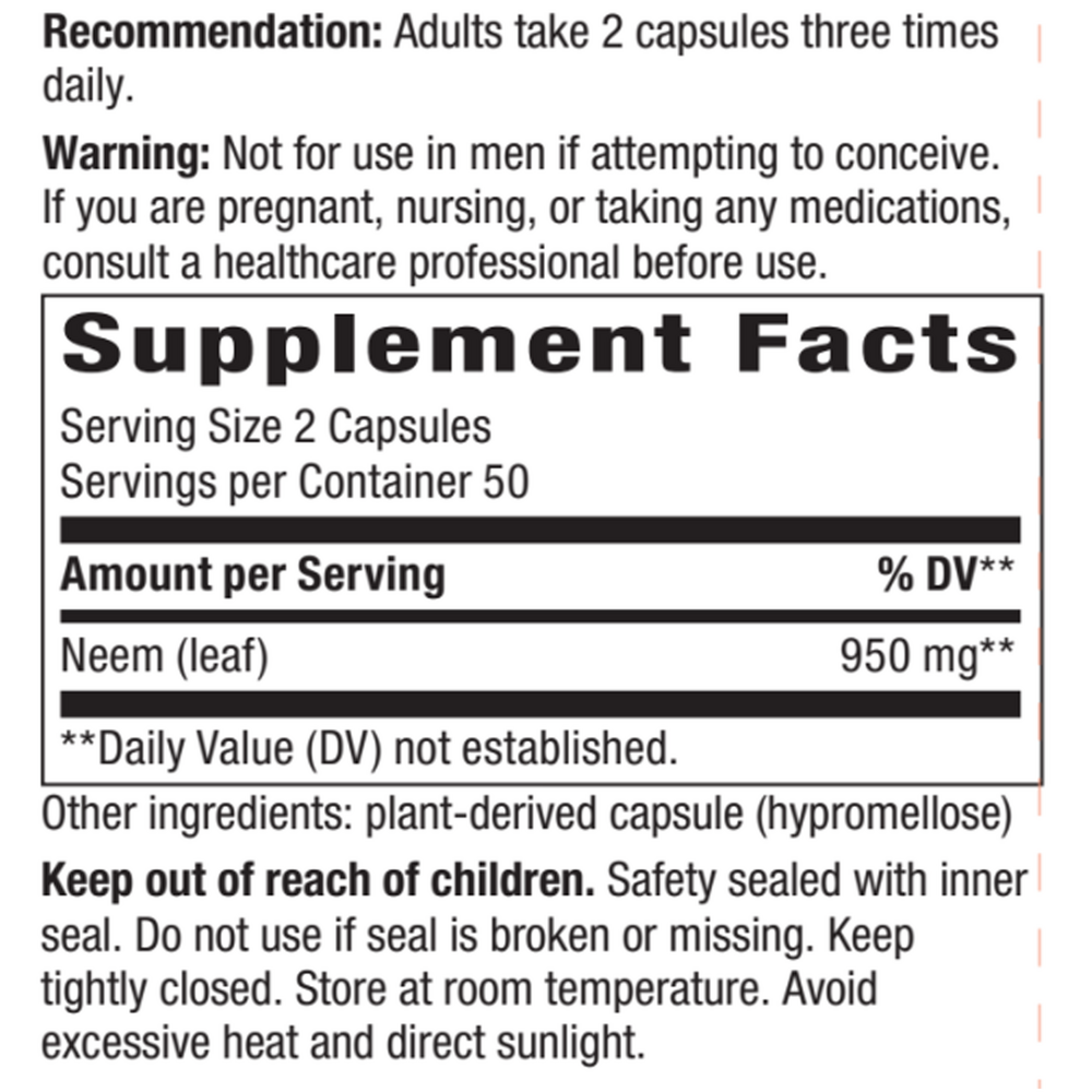 Neem Supplement Facts Label