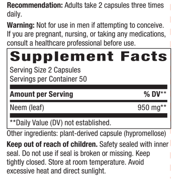 Neem Supplement Facts Label