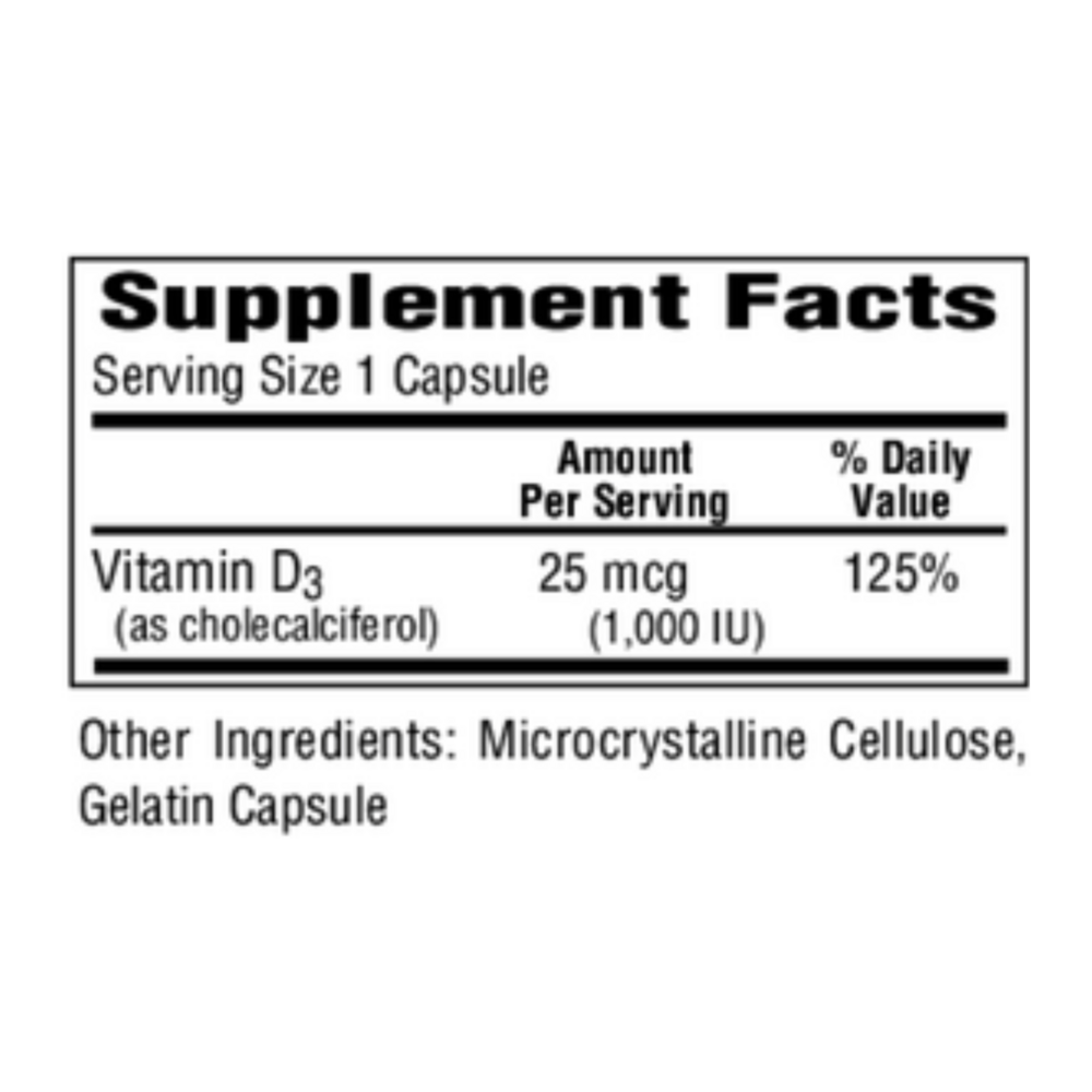 D3 1000 IU Supplement Facts Label