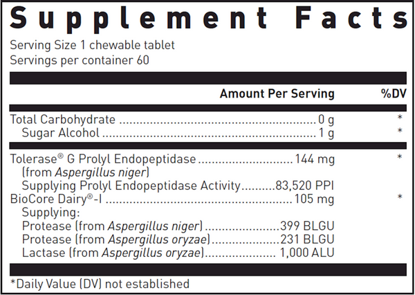 Gluten-Dairy Enzyme 60 Ct. Supplement Facts Label