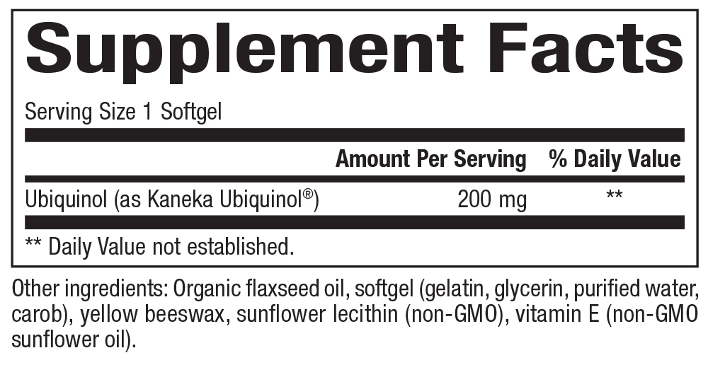 Ubiquinol CoQ10 200 mg Supplement Facts Label