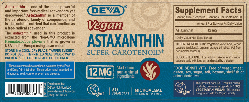 Vegan Astaxanthin 12 mg Supplement Facts Label
