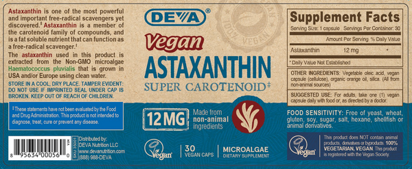 Vegan Astaxanthin 12 mg Supplement Facts Label