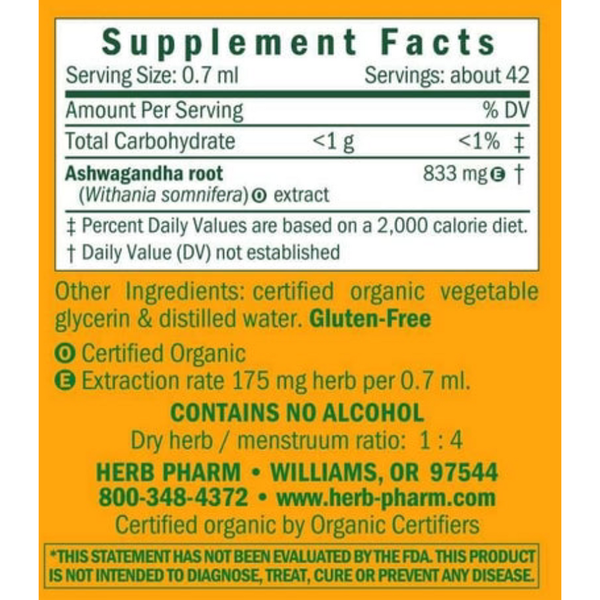 Ashwagandha Alcohol-Free Supplement Facts Label