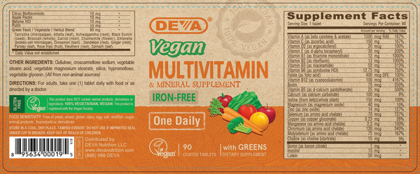 Vegan 1-A-Day Multi (Iron Free) Supplement Facts Label