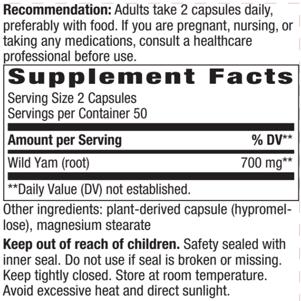 Wild Yam Root 425 mg Supplement Facts Label