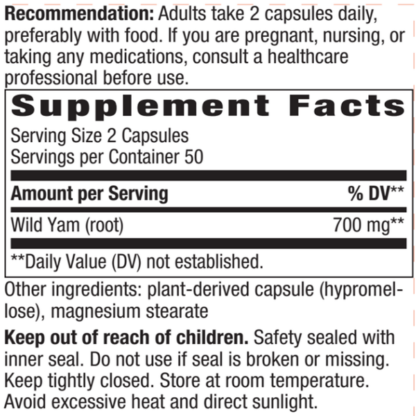 Wild Yam Root 425 mg Supplement Facts Label