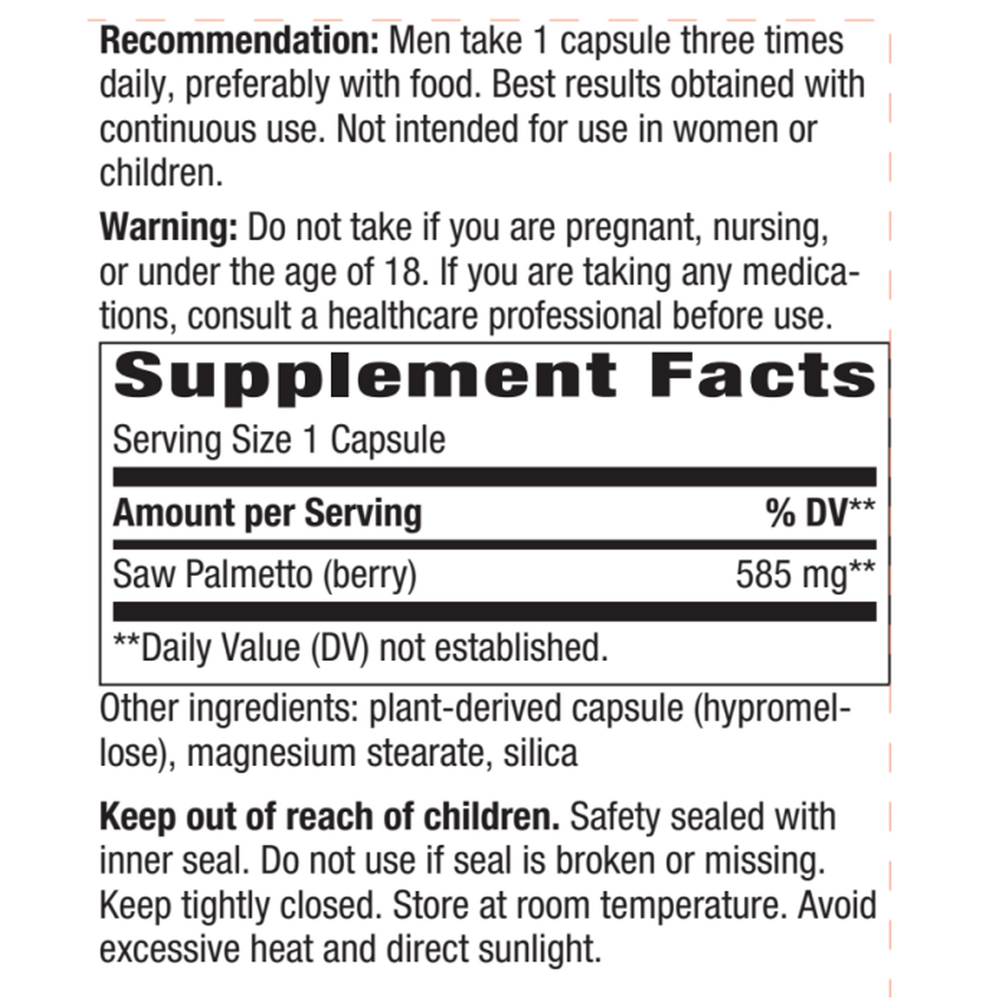 Saw Palmetto Berries Veg Capsules Supplement Facts Label