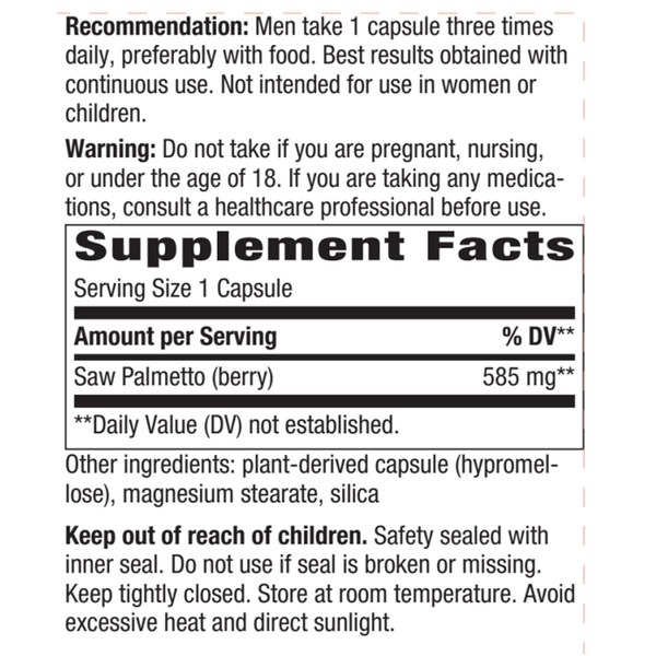 Saw Palmetto Berries Veg Capsules Supplement Facts Label