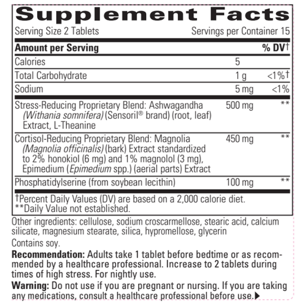 Cortisol Manager - Calm & Focus Support Formula - Ashwagandha, L-Theanine & Magnolia Supplement Facts Label