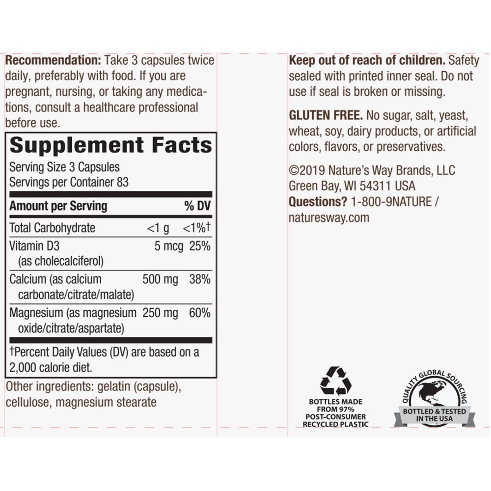 Calcium, Magnesium & Vitamin D 250 capsules Supplement Facts Label