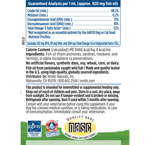 Omega-3 Pet Fluid Supplement Facts Label