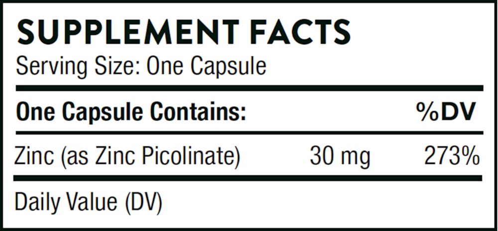 Zinc Picolinate 30 mg 180 Count Supplement Facts Label