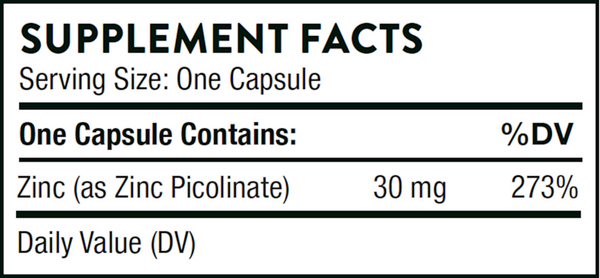 Zinc Picolinate 30 mg 180 Count Supplement Facts Label