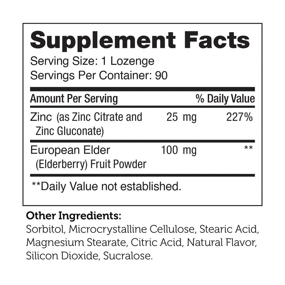 Zinc + Elderberry Lozenges Supplement Facts Label