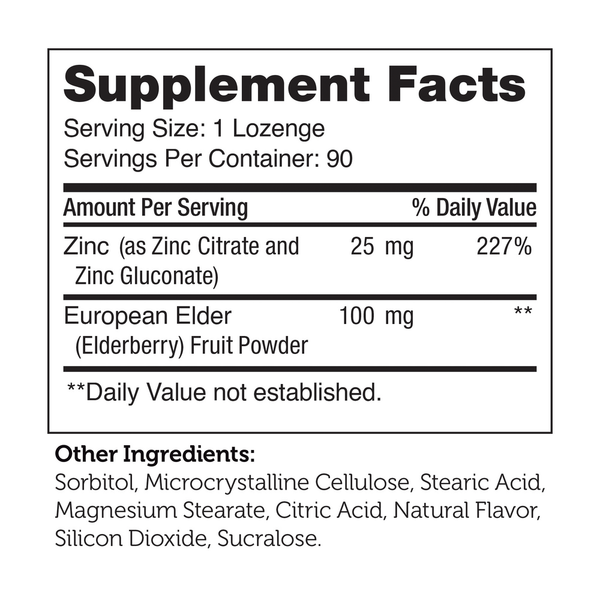 Zinc + Elderberry Lozenges Supplement Facts Label