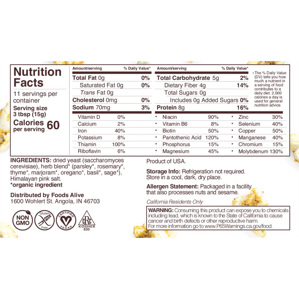 Zesty Nutritional Yeast Blend Supplement Facts Label