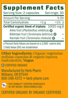 Triphala Capsules Supplement Facts Label